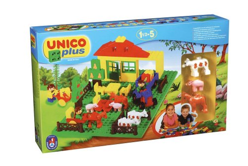 Unico Plus Bausteine Set Bauernhof + Figuren + Traktor 71 Tlg