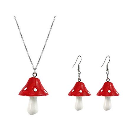 Cute Colorful Mushroom Dangling Earrings Necklace Set Handmade Gummy Mushrooms Necklaces Rainbow Colored 3D Vegetables Jewelry Chains for Women Girls 