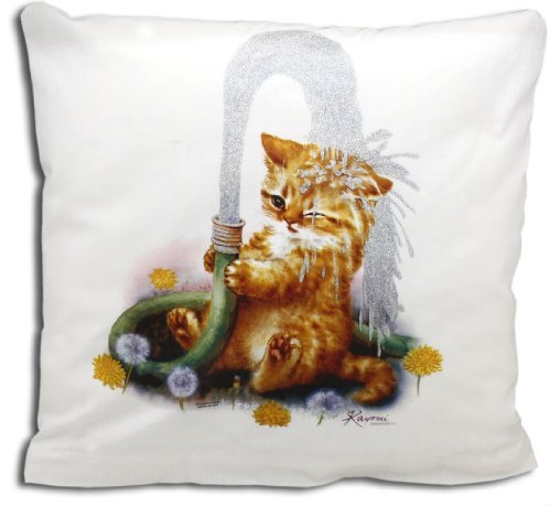 Cat Bath Time - Decorative Design Pillow with Cat Motif 16x16 Inches / 40x40 Cm Cushion Cover 100% Cotton with Hidden Zipper and Inner Cushion by TRIO