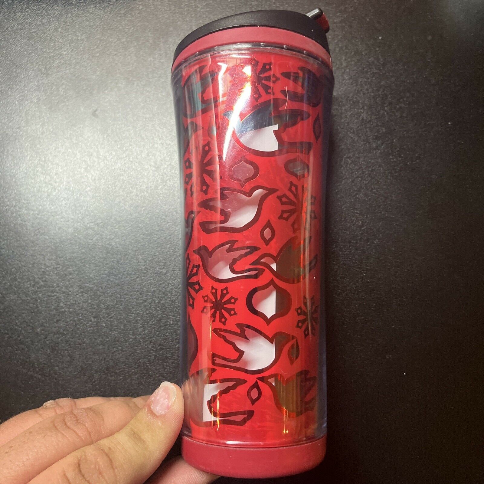 Starbucks Red Christmas Doves Holiday Tumbler Travel Mug 2008 12 Oz