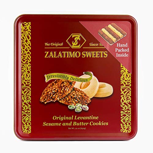 Zalatimo Sweets Since 1860, 100% All-Natural Sesame & Butter Shortbread Cookies, Square Metal Gift Tin, Slightly Sweet Cookies with No Preservatives,