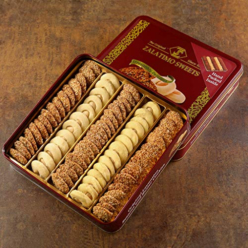Zalatimo Sweets Since 1860, 100% All-Natural Sesame & Butter Shortbread Cookies, Square Metal Gift Tin, Slightly Sweet Cookies with No Preservatives, thumbnail