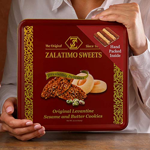 Zalatimo Sweets Since 1860, 100% All-Natural Sesame & Butter Shortbread Cookies, Square Metal Gift Tin, Slightly Sweet Cookies with No Preservatives, thumbnail