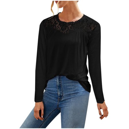 Womens Solid Lace Long Sleeve Lace Patchword O Neck T-Shirt Blouse Summer Sexy Workout T-Shirts Ladies Going Out Party Prom Tshirts A526-9335