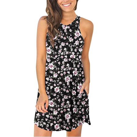 Womens Dresses 2022 Dress Women S Vintage Sleeveless Printed a Line Round Neck Swing Pocket Casual Vest Dresses Sun Dress for Women 0516
