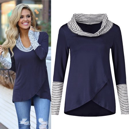 Women S Striped High Neck Color Blocking Irregular Hem Long Sleeve T-Shirt OLRIK 2292