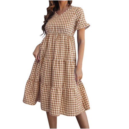 Onlywo Dresses for Women Fashion  Women S Casual Dresses Short Sleeve V Neck Sundress Plaid Print Smocked Tiered Swing Knee-Length Dress