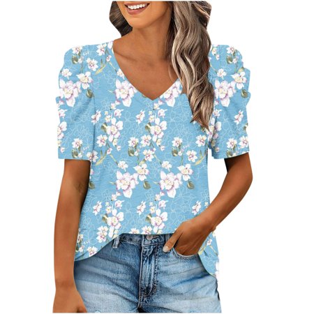 Onlywo Shirts for Women Trendy Casual  Women S Casual Puff Sleeve Short Sleeve T Shirt V Neck Floral Print Trendy Pullover Loose Comfy Tops Blouse