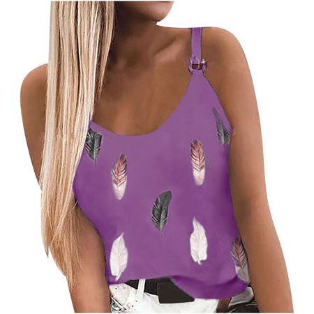 Onlywo Blouses for Women Plus Size  Women S Summer Camisole Sleeveless Round Neck Sling Vest Blouse Feather Print Slim Comfortable Shirt Tops