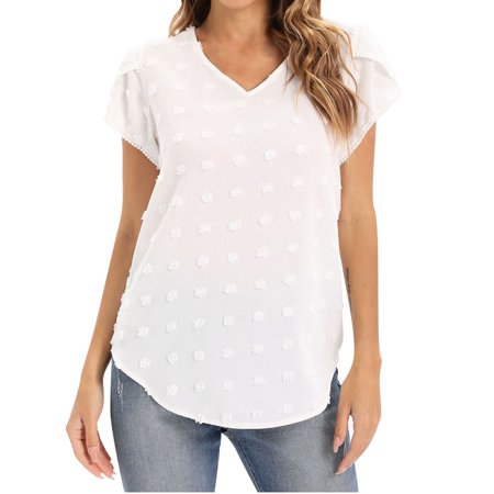 Onlywo Blouses for Women Plus Size  Women S Casual Short Sleeve Blouse Solid Color V Neck Chiffon Shirt Trendy Loose Fit Comfortable Tops