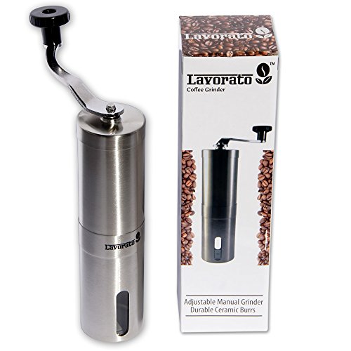 Manual Coffee Grinder by Lavorato. Quality Stainless Steel with Simple Adjustable Ceramic Burrs. Lightweight Portable Hand Coffee Mill, Aeropress Comp