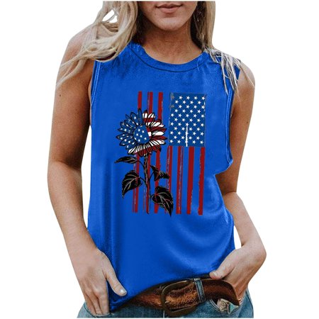 Onlywo Shirts for Women Trendy Casual  Women S Summer Casual Sleeveless Tank Tops Round Neck Independence Day Print Trendy Loose Comfortable T Shirt B