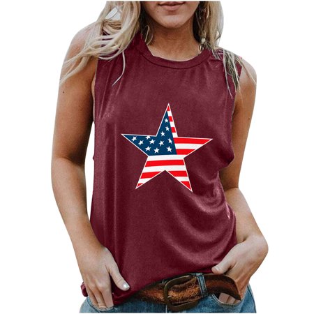 Onlywo Womens Plus Summer Tops Loose Fit  Independence Day Tops for Women Casual Sleeveless Round Neck Loose T Shirt Trendy Comfortable Tank Top Blous