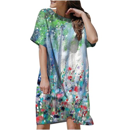 Womens Summer Dresses 2022 Women S Fashion Bohemian Vintage Crewneck Loose Short Sleeve Print Mini Dress Casual Dresses for Women 3460