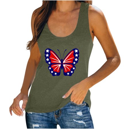 Onlywo Summer Tops for Women Casual  Fashion Women Casual Sleeveless Tank Top Round Neck Butterfly Graphic Independence Day Print Comfortable Vest T S