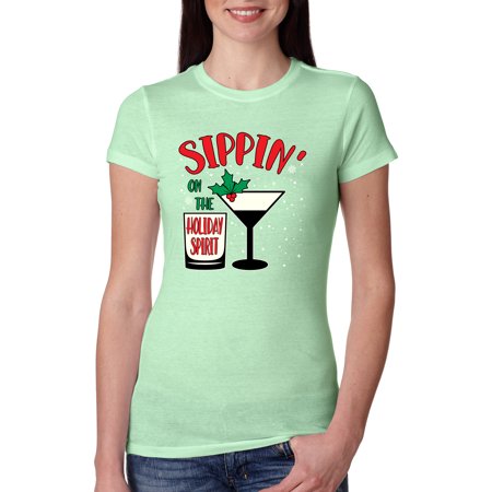 Wild Bobby Sippin  on the Holiday Spirit Christmas Women Slim Fit Junior Tee  Mint  Large
