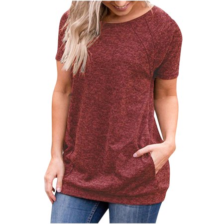 Onlywo Shirts for Women Trendy Casual  Women S Casual Solid Color Tops Round Neck Stitching Short Sleeve Pocket Blouse Loose Sweat Absorb Sports T Shi