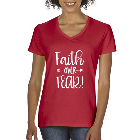 Source One 1253 - Women S V-Neck T-Shirt Faith Over Fear Script 2XL Red