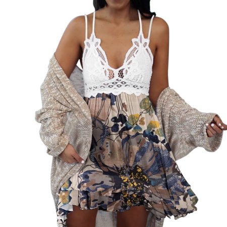 Dresses for Women Summer Fashion Women Summer Loose Sleeveless Floral Printing V Neck Hollow Out LaceDress Sun Dresses 0765