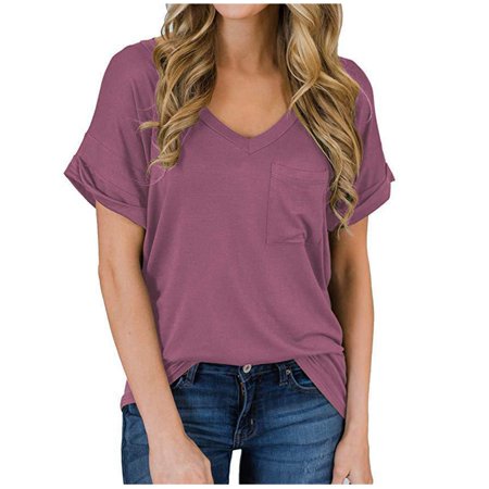 Onlywo Womens Tops Dressy Casual  Women S Casual Short Sleeve T Shirt V Neck Loose Pullover Solid Color Trendy Comfy Tee Blouse Tops