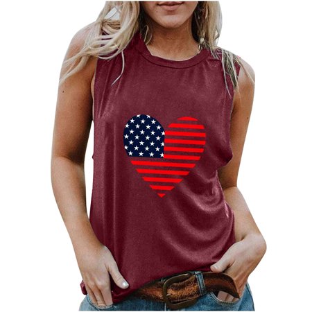 Onlywo Womens Tops Dressy Casual  Fashion Women Summer Sleeveless T Shirt Casual Independence Day Print Round Neck Tank Top Loose Comfy Vest Blouse