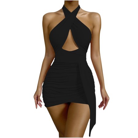 Onlywo Summer Dresses for Women 2022 Casual  Women Summer Sexy Halter Neck Dresses Casual Bandage Solid Color Backless Mini Dress Trendy Slim Irregula