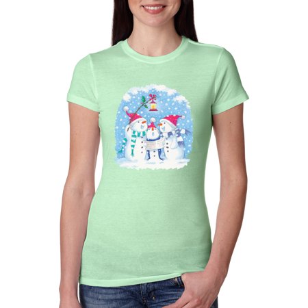 Singing Snowmen Christmas Womens Slim Fit Junior Tee  Mint  Small