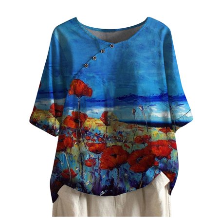 Onlywo Shirts for Women Trendy Casual  Women S Casual Short Sleeve Tops Round Neck Button Loose Pullover Floral & Cat Print Trendy Loose T Shirt Blous