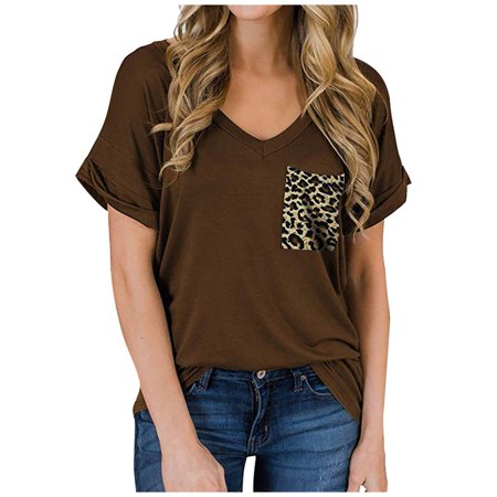 Onlywo Summer Tops for Women Casual  Women S Summer Casual Short Sleeve Tops V Neck Leopard Pocket Patchwork Pullover Solid Color Trendy Loose T Shirt