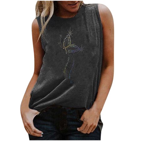 Womens Casual Round Neck Loose Top Sleeveless T-shirt Summer Sexy Workout T-Shirts Ladies Going Out Party Prom Tshirts A526-3323