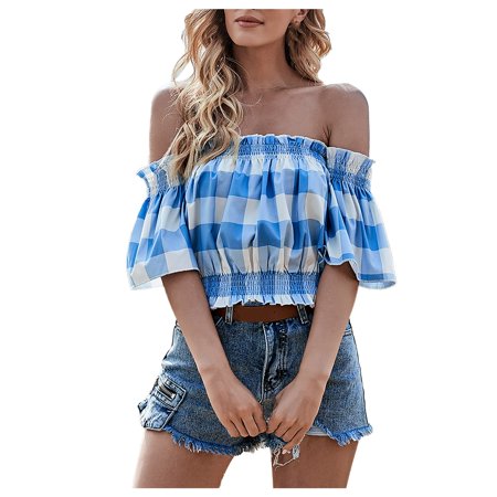 Womens Casual Short Sleeve Strapless One Neck Blue Plaid Short Tops Summer Sexy Workout T Shirts Ladies Going Out Party Prom Tees A525-9764
