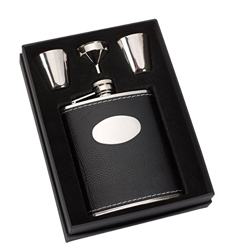6oz Black Leather Hip Flask Set with Funnel and 2 Stainless Steel Tumblers in a Lovely Presentation Box (3119)