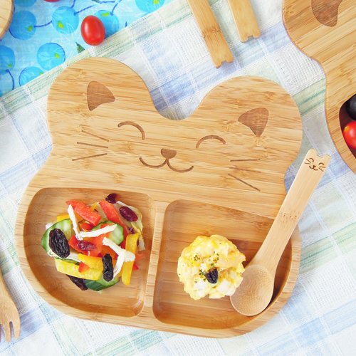 La-Boos Kids/ Tots/ Children/ Baby, Bamboo Cat Plate and Cutlery Sets (SGS Certified, Toxin-Free, Melamine Free, Biodegradable, Eco-Friendly, Ergonomi