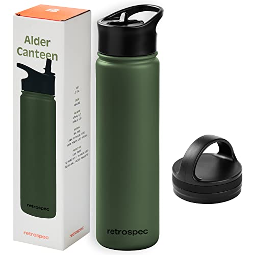 Retrospec Alder Insulated Water Bottle with Straw Lid & Handle Cap - Stainless Steel Wide Mouth Double-Wall Vacuum Insulated Thermos - BPA Free Leakpr