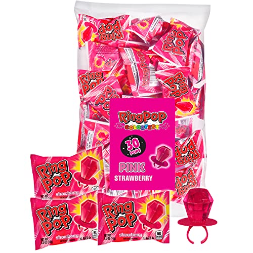 Ring Pop Individually Wrapped Pink Strawberry Bulk Lollipop Easter Pack - 30 Count Strawberry Flavored Lollipop Suckers - Fun Candy for Easter Decorat