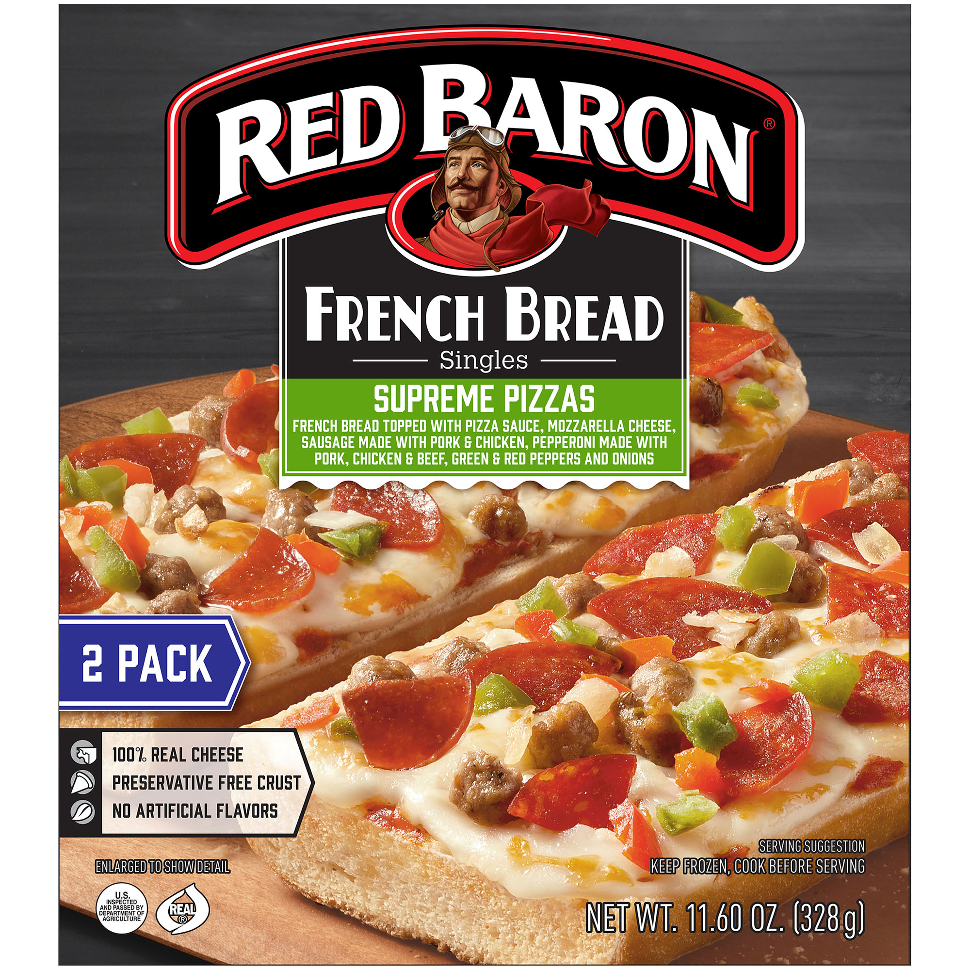 SUPREME FRENCH BREAD TOPPED WITH PIZZA SAUCE, MOZZARELLA CHEESE, SAUSAGE MADE WITH PORK & CHICKEN, PEPPERONI MADE WITH PORK, CHICKEN & BEEF, GREEN & RED PEPPERS AND ONIONS FRENCH BREAD SINGLES PIZZAS, SUPREME