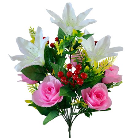 Pannow Artificial Lily Rose Flower Bush Sacrificial Flowers with 27 Red Beans
