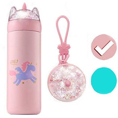 12 Oz UNICORN GLITTER 18/8 Stainless Steel Double Wall Vacuum Insulated Kids Water Bottle - Leak Proof with BPA FREE Multi-Color Sparkling Glitter Top