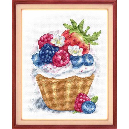 Counted Cross Stitch Kit Berry Dessert 1253 Needlework Easy Small Berry Food Sweet by Oven Red Blue Canvas Cotton