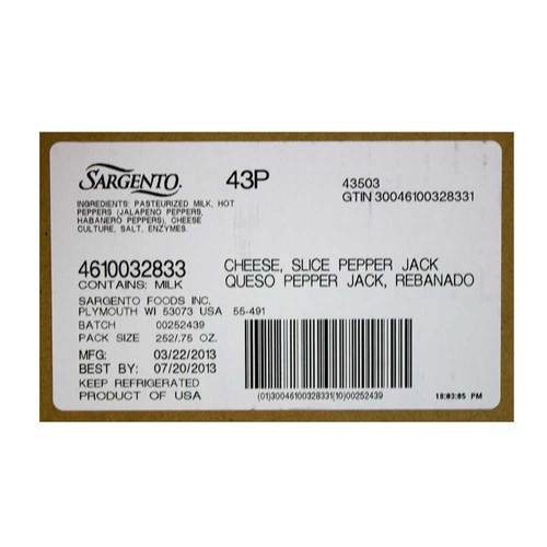 Sargento Sliced Pepper Jack Cheese with Habanero, 0.75 Ounce -- 252 per Case.