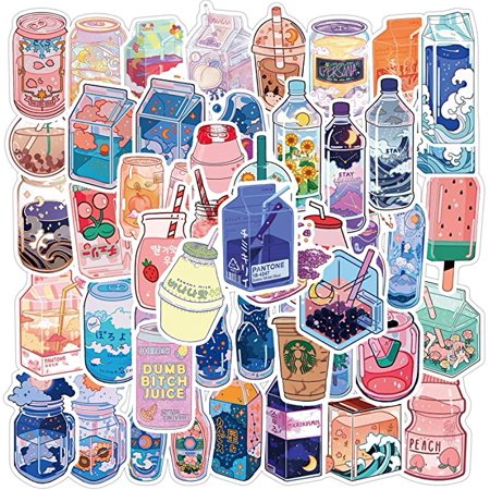 50Pcs Kawaii Cartoon Beverage Stickers Aesthetic Trendy Stickers Laptop Water Bottles Phone Skateboard Computer Cute Summer Flavored Drink Vinyl Stick