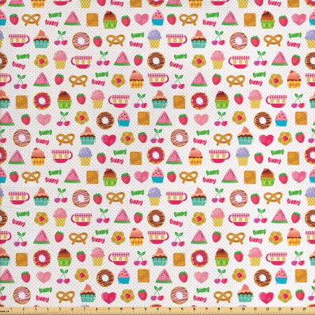 Dessert Fabric by the Yard  Confectionary Pattern of Pretzels and Candies on Pinky Polka Dotted Background  Upholstery Fabric for Dining Chairs Home D