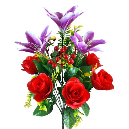 Okwish Artificial Lily Rose Flower Bush Sacrificial Flowers with 27 Red Beans