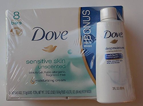 Dove Beauty Bar, Sensitive Skin 4 Ounce, 8 Bars (+ Free 3 Ounce Dove Deep Moisture Nourishing Body Wash)