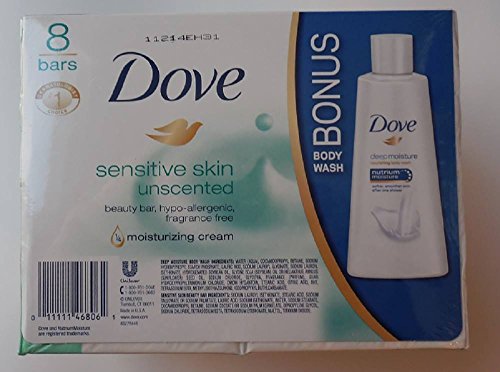 Dove Beauty Bar, Sensitive Skin 4 Ounce, 8 Bars (+ Free 3 Ounce Dove Deep Moisture Nourishing Body Wash) thumbnail