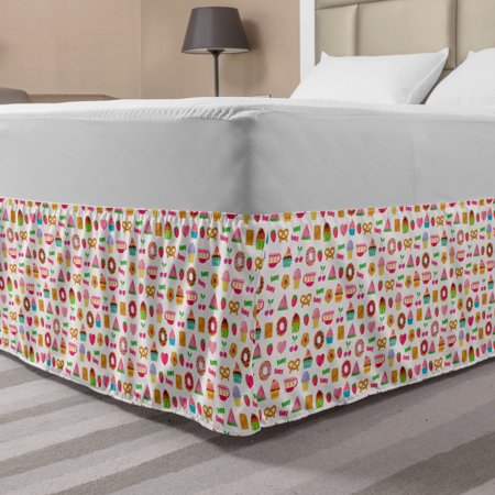 Dessert Bed Skirt  Confectionary Pattern of Pretzels and Candies on Pinky Polka Dotted Background  Elastic Bedskirt Dust Ruffle Wrap Around for Beddin