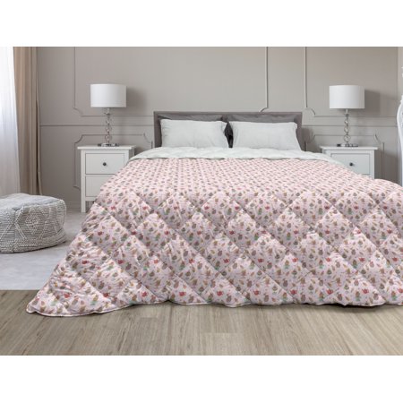 Ice Cream Down Alternative Comforter  Candies and Yummy Heart Summer Flower Color Dots Design  Microfiber Quilt for All Season  5 Sizes  Peach Coral M