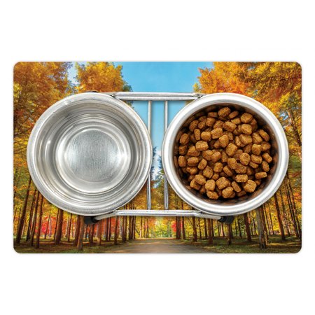 Island Pet Mat for Food and Water  Dirt Path with Trees in Autumn at Nami Island of South Korea Photo  Non-Slip Rubber Mat for Dogs and Cats  18  X 12