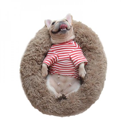 MEROTABLE Pet Dog Winter Round Plush Bed House Soft Long Plush Cat Bed for Small Dogs Cats  Light Coffee S