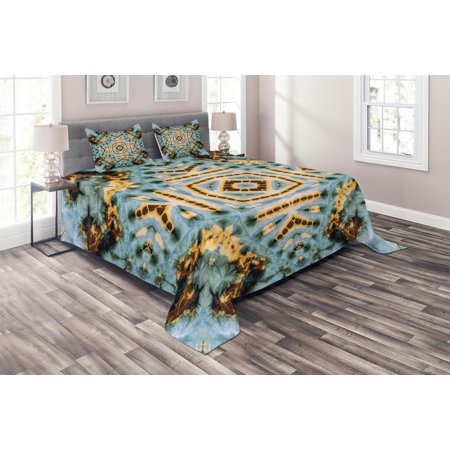 Hippie Coverlet Set Queen Size  Close Hippie Kaleidoscope Motif Maya Clan Figures Dirt Tones Counter Culture Print  Quilted 3 Piece Decor Bedspread Se